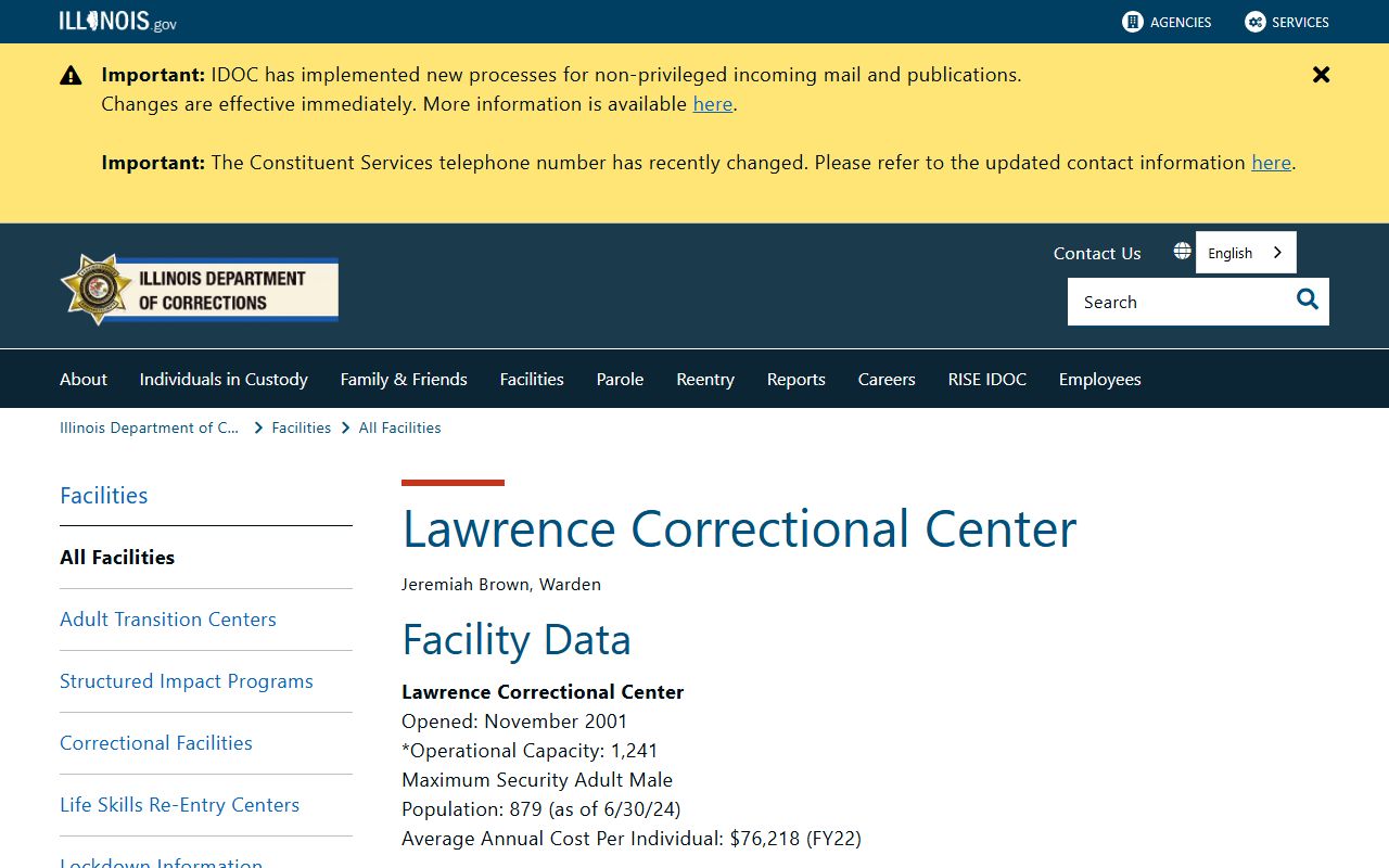 Illinois DOC Lawrence Correctional Center facility page with inmate visitation and address